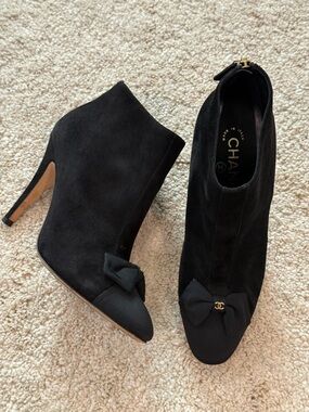 CHANEL Black Suede Bow Ankle Bootie with Stiletto Heel